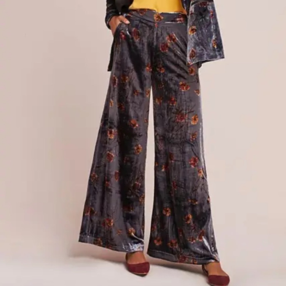 Anthropologie ett:twa Jessie Velvet Floral Wide Leg Pants Gray Sz Large Boho - Picture 4 of 13